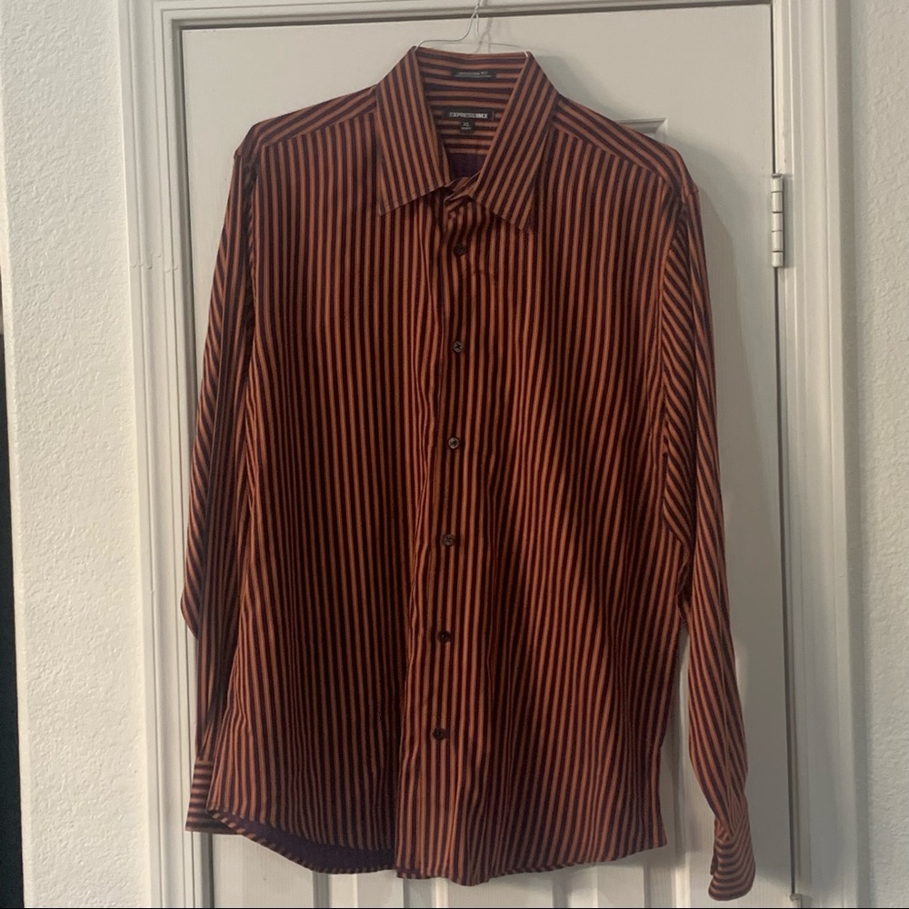 Express men’s orange and navy button down dress shirt.